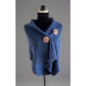 PURE Hand-Knit Wrap Blue Large Button 100% Cotton Sustainable Artisan Luxury